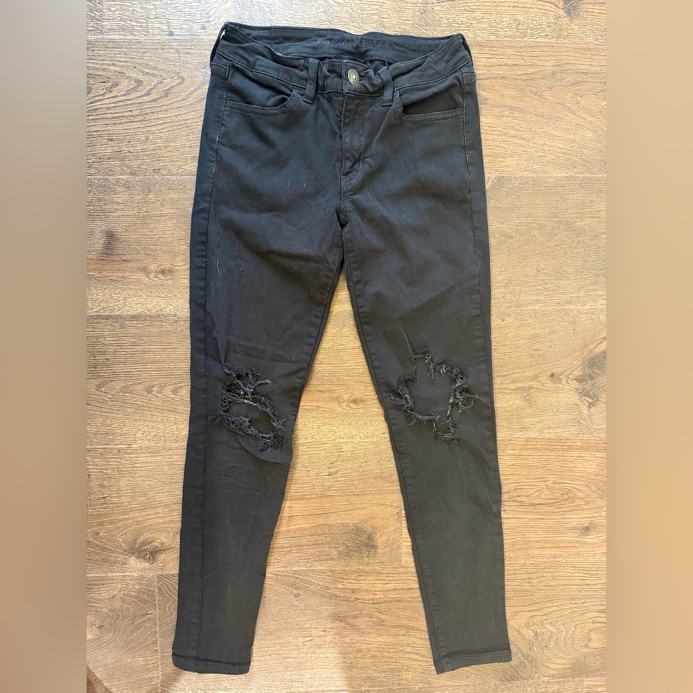 American Eagle Outfitters Black Skinny Jeans with Edgy Distressing